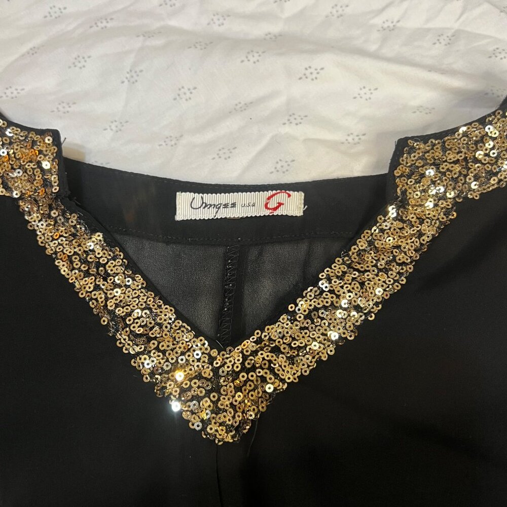 Umgee S Black Batwing Gold Sequin Top USA Sheer Layering Fairy Goth Whimsical - Picture 9 of 16